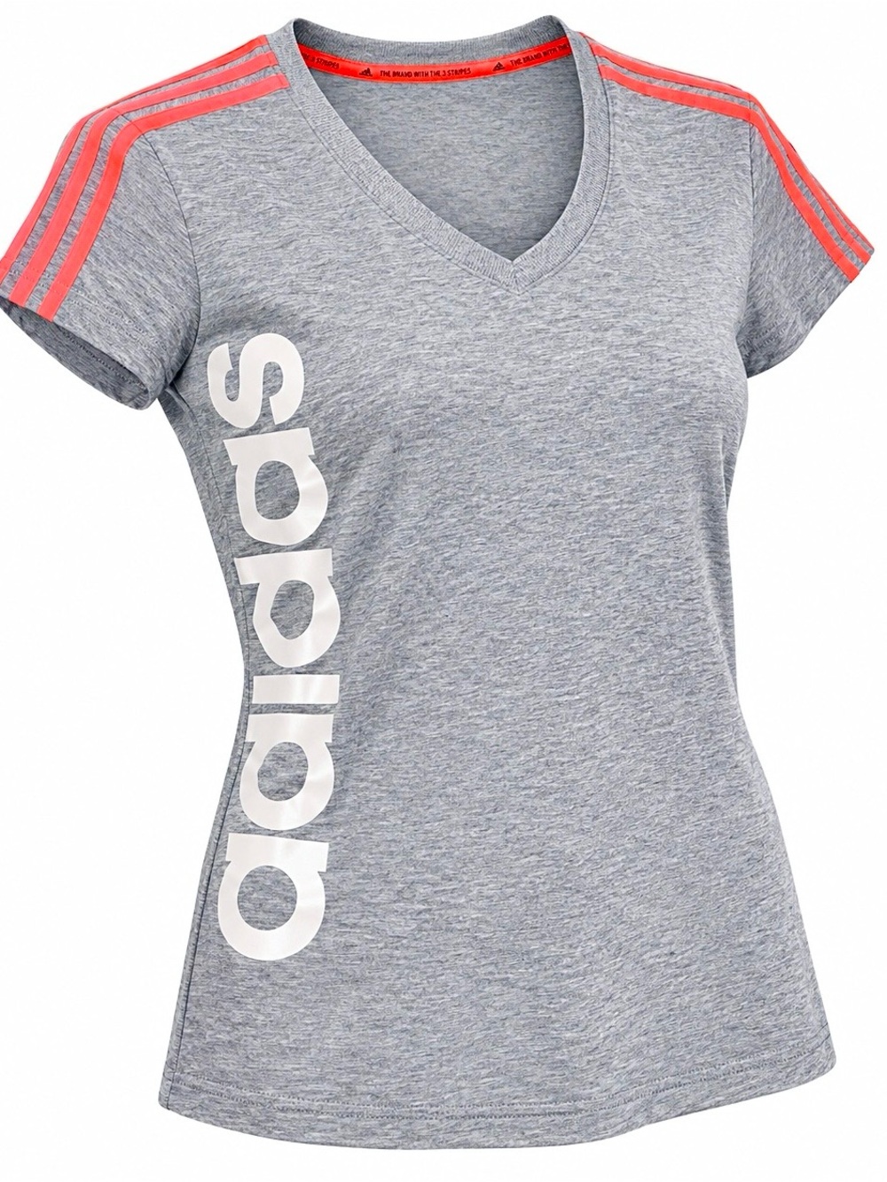 adidas Gray V-Neck Tee with Coral Shoulder Stripes